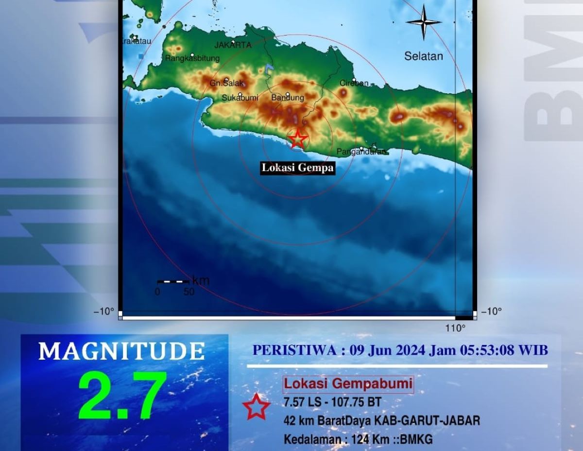 Peta pusat gempa bumi tektonik yang melanda wilayah Kabupaten Garut Jawa Barat Minggu 9 Juni 2024.