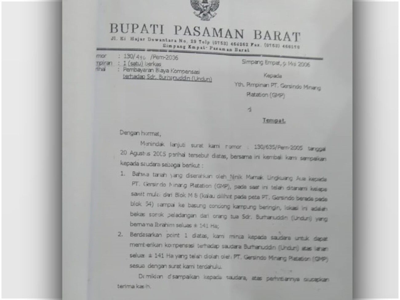Surat perintah dari Pemerintah Pasaman Barat kepada Pimpinan PT GMP (Wilmar Group) perihal pembayaran kompensasi terhadap Burhanuddin