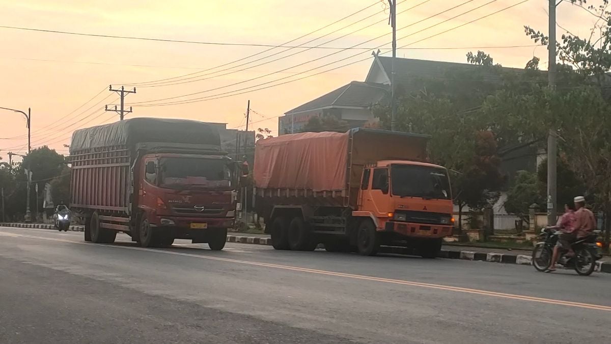 Angkutan batubara saat parkir di depan Mall Pelayanan Satu Pintu Km.4 jalan lintas Tebo Bungo.