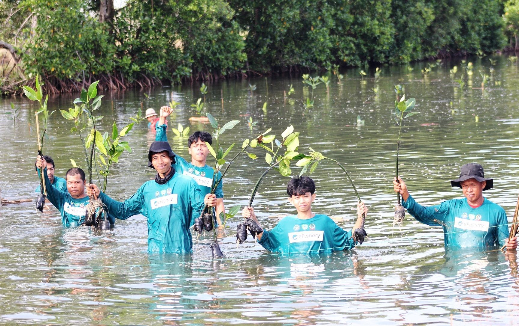 Penanaman 1.500 mangrove oleh tim eFishery di Unit Instalasi Tambak Silvofishery Marana, Maros, Sulawesi Selatan. Sumber: eFishery