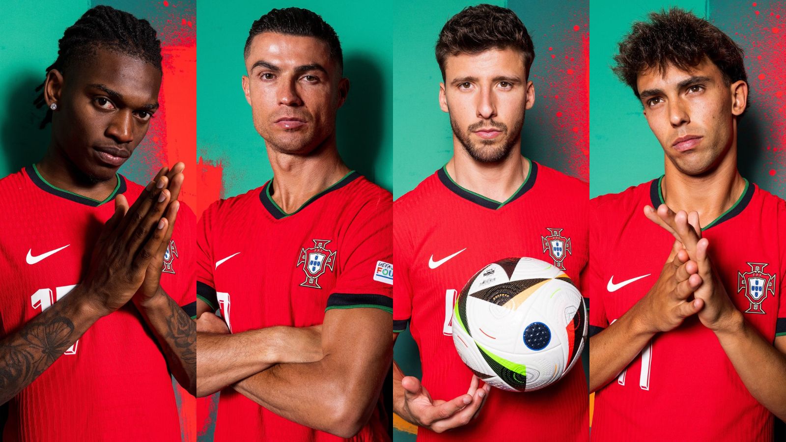 Portugal, Cristiano Ronaldo, dan penggawa lainnya seperti Rafael Leao (paling kiri), Ruben Dias (nomor dua dari kanan), dan Joao Felix (paling kanan).