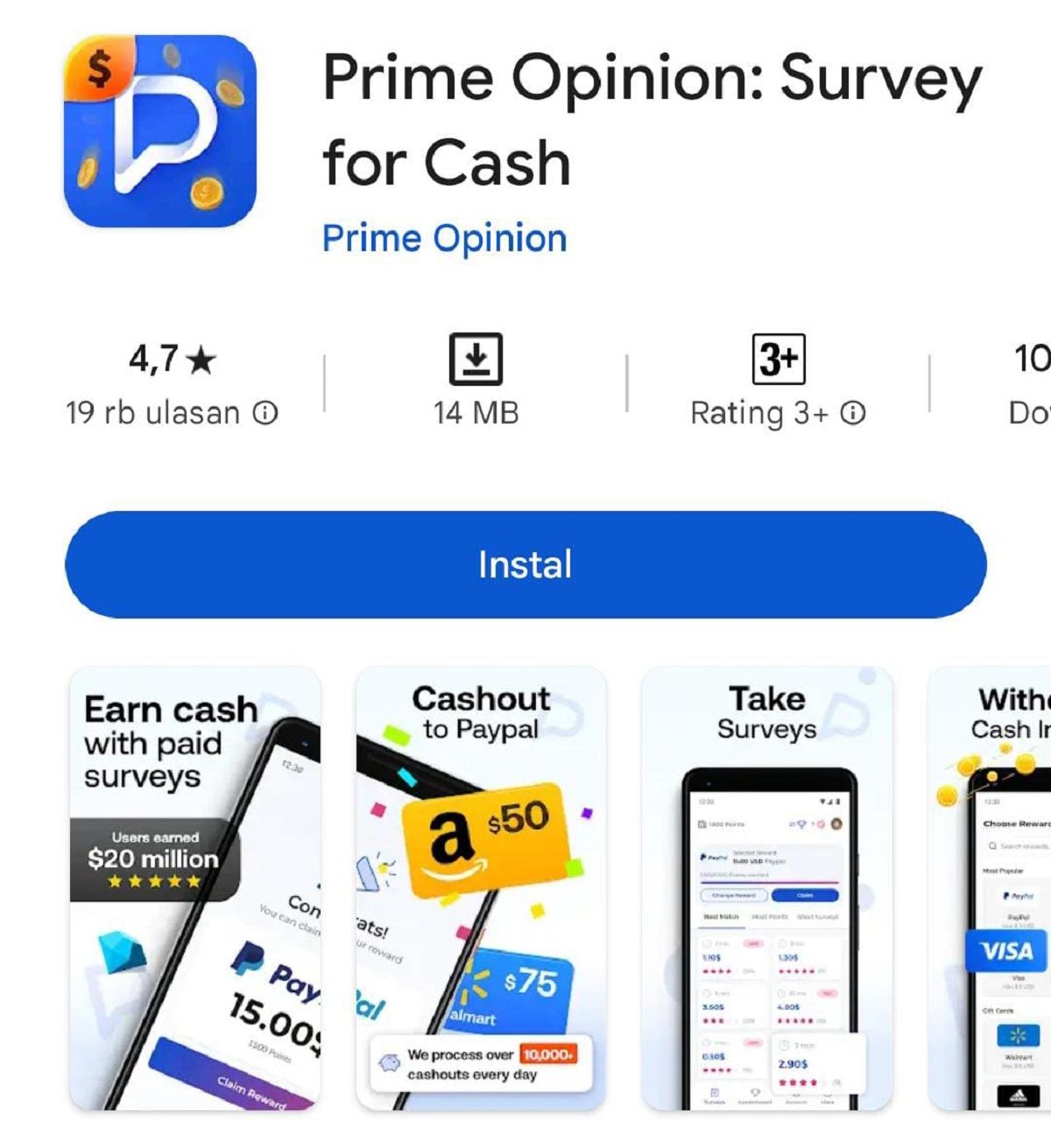 Prime Opinion: Survey for Cash / Google Play Store