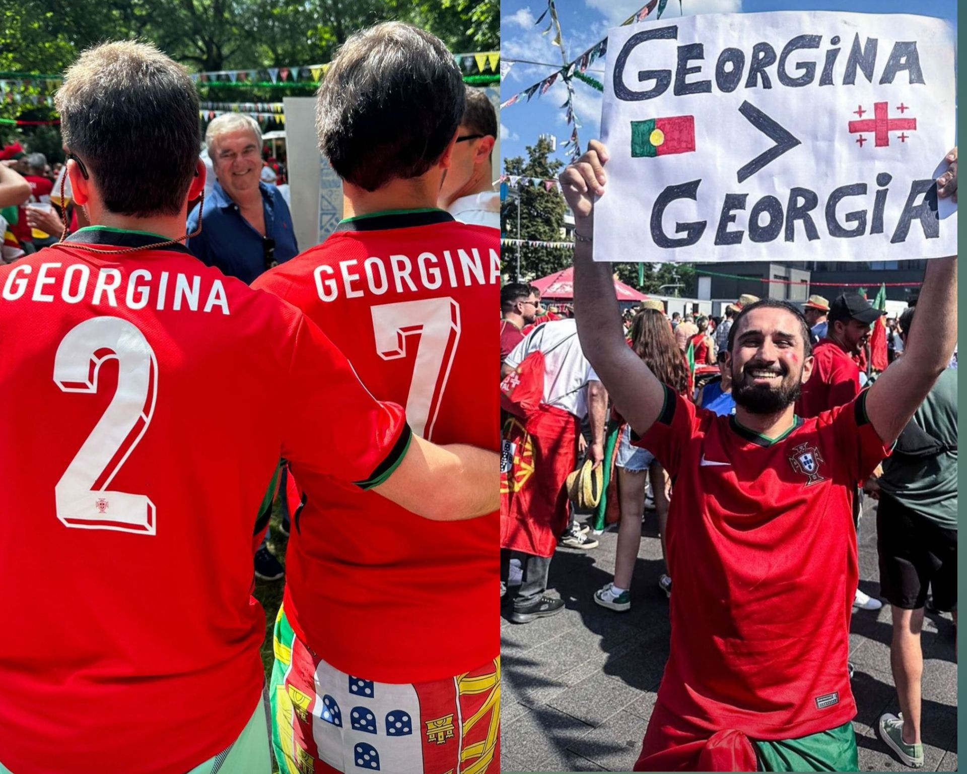 seorang penggemar yang memegang tanda bertuliskan: "Georgina > Georgia". Dia juga membagikan foto lain dari dua penggemar dengan nama Georgina tercetak di bagian belakang kaos Portugal mereka.