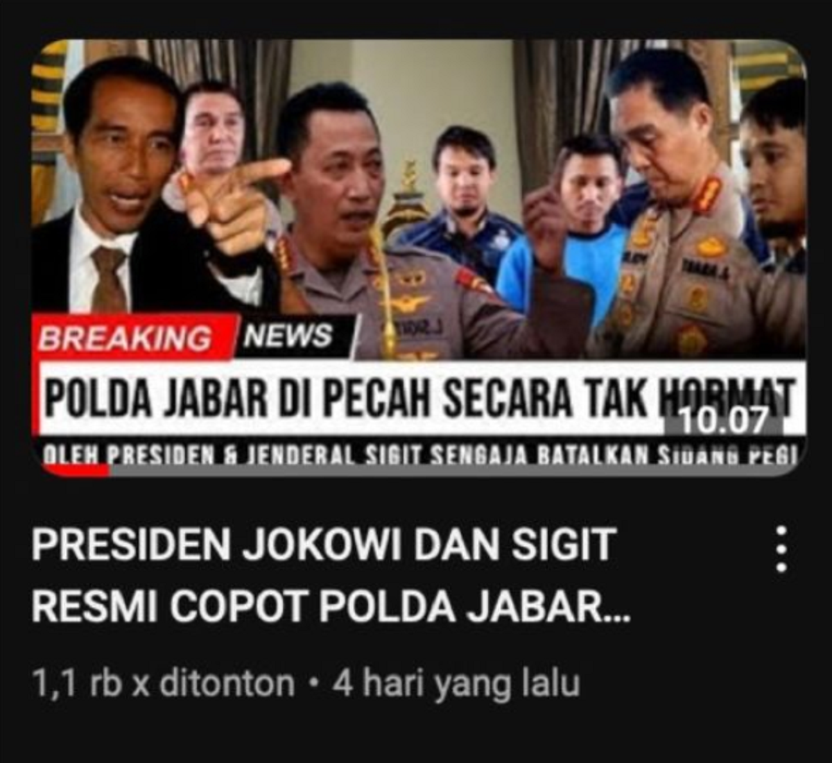 Unggahan video yang menarasikan Jokowi dan Kapolri copot jabatan Kapolda Jabar karena sengaja batalkan sidang Pegi, tersangka Vina Cirebon