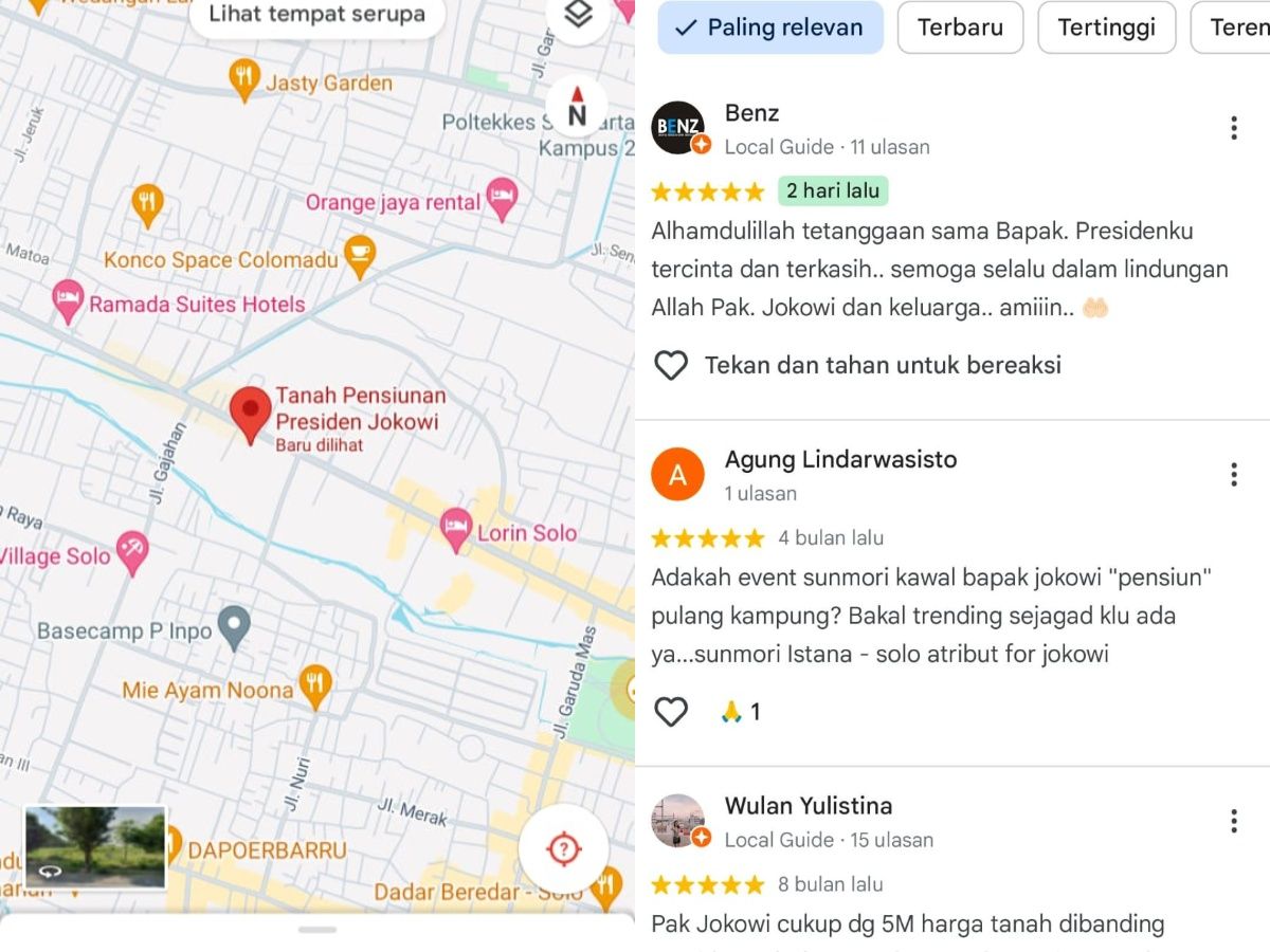 Kolase peta Gmaps dan ulasan dari warganet tentang titik Tanah Pensiunan Presiden Jokowi di Colomadu, Kabupaten Karanganyar, Jawa Tengah. 