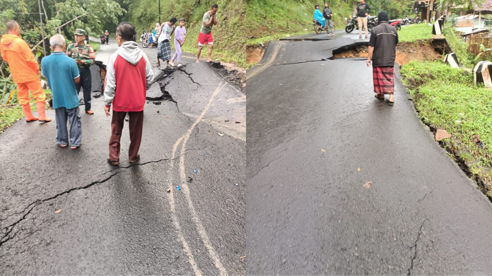 Warga memantau jalan ambles di Tanjakan Tajur, Desa Cikubang, Taraju Kabupaten Tasikmalaya, Minggu, 30 Juni 2024.*