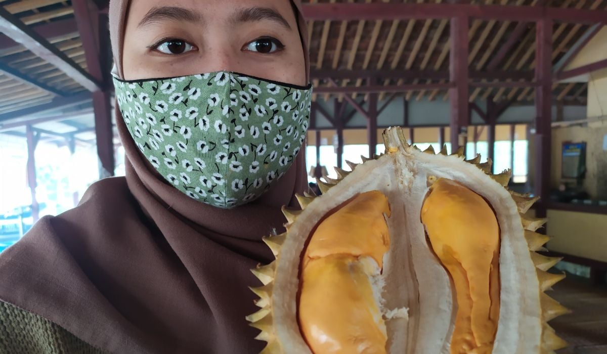 Seorang warga menunjukkan buah durian yang diproduksi oleh petani lokal di Kecamatan Kiarapedes Kabupaten Purwakarta beberapa waktu lalu. Pikiran Rakyat/Hilmi Abdul Halim