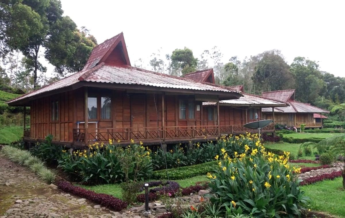 Rumah kayu pada Patuha Tea Resort, di kebun teh Rancabali, kawasan Ciwidey, Kabupaten Bandung.