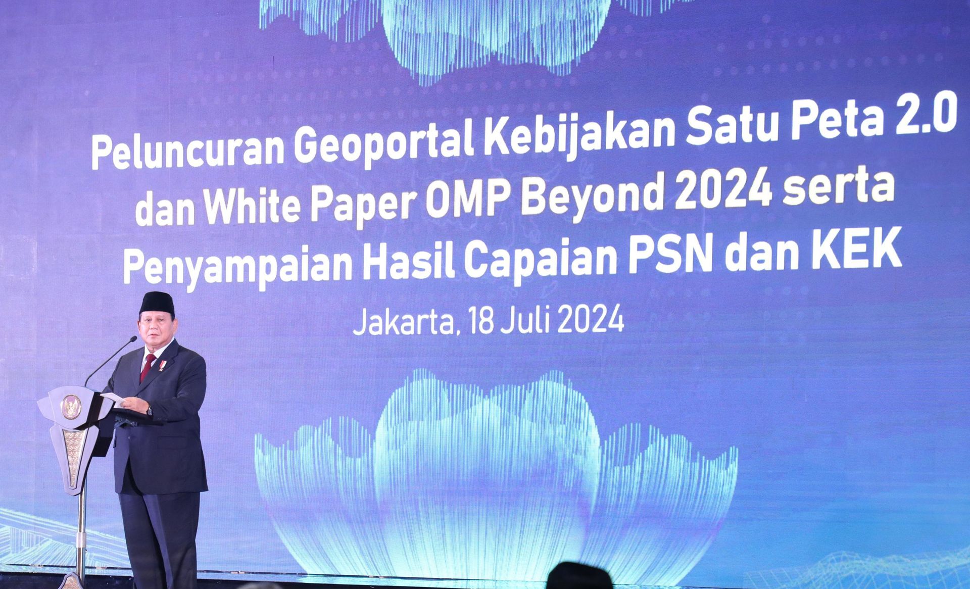 Prabowo Subianto dalam Peluncuran Geoportal Kebijakan Satu Peta (KSP) 2.0 dan penyerahan White Paper One Map Policy Beyond 2024 pada Kamis, 18 Juli 2024.