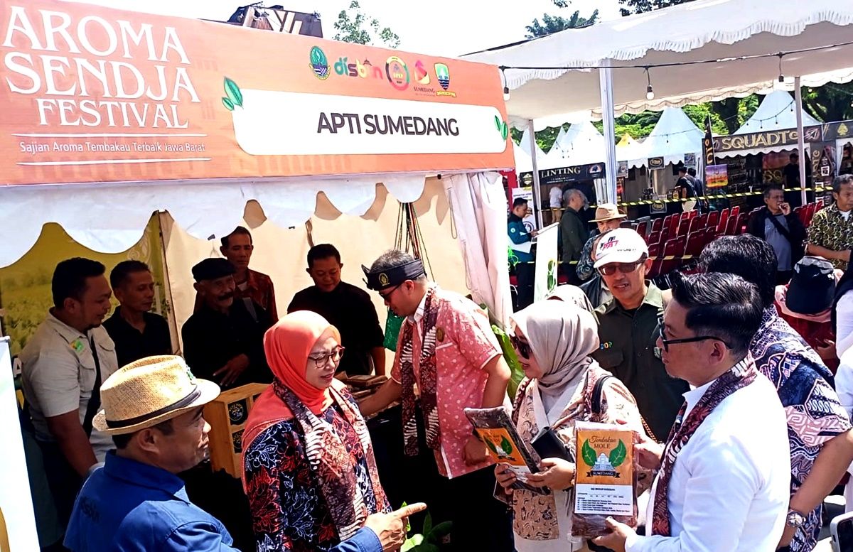 Ketua APTI Jawa Barat, Suryana memberikan gambaran soal tembakau Sumedang, di sela-sela Festival Tembakau Jawa Barat Aroma Sendja, di alun-alun Sumedang, Jumat, 19 Juli 2024.