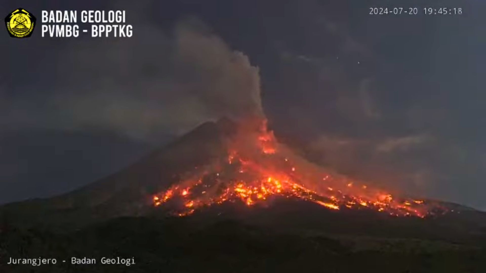 Awan panas dan guguran lava Gunung Merapi, 20 Juli 2024./ YouTube/ BPPTKG Channel