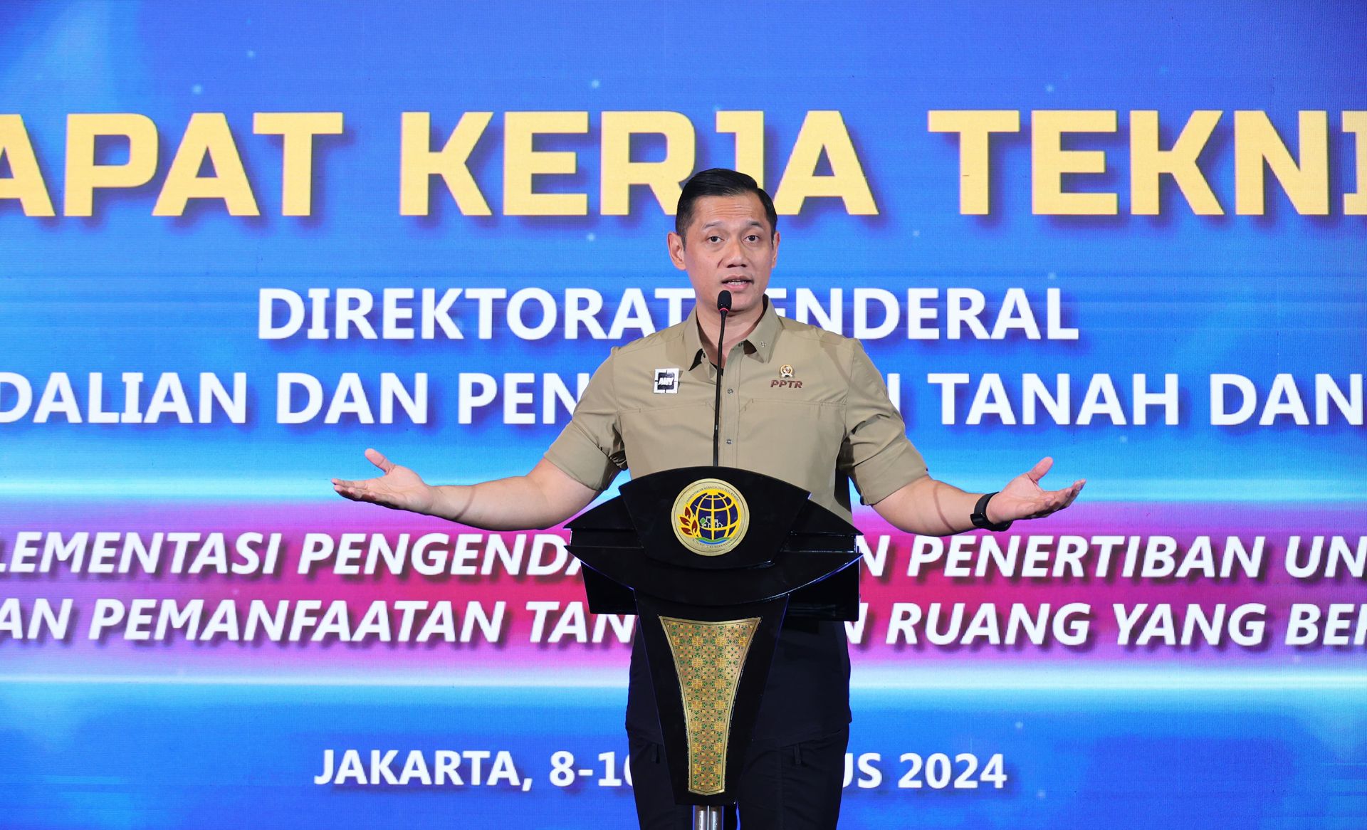 Menteri ATR/BPN AHY saat membuka Rapat Kerja Teknis (Rakernis) Ditjen PPTR yang berlangsung di Hotel The Ritz-Carlton Jakarta, Kamis 8 Agustus 2024.