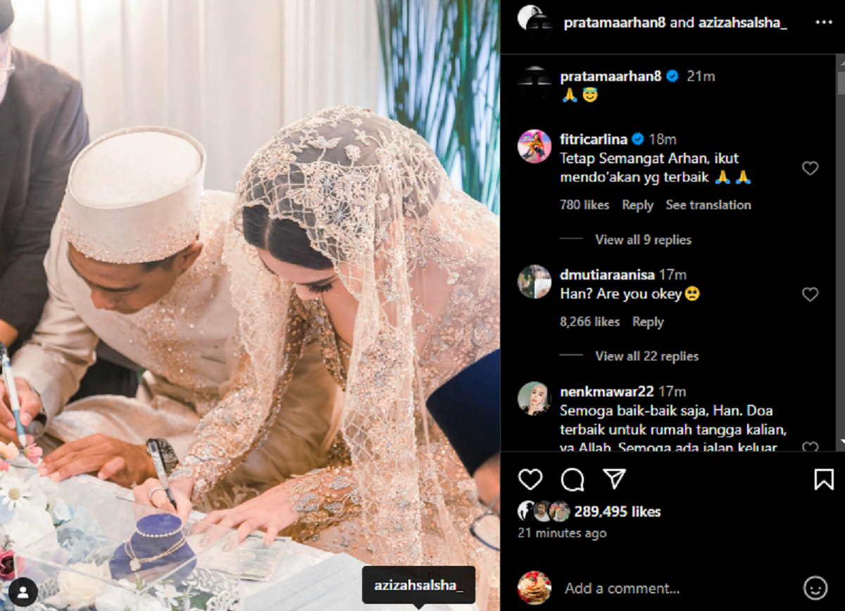 Pratama Arhan mengunggah foto akad nikah di tengah kabar perselingkuhan Zize./Instagram @pratamaarhan8