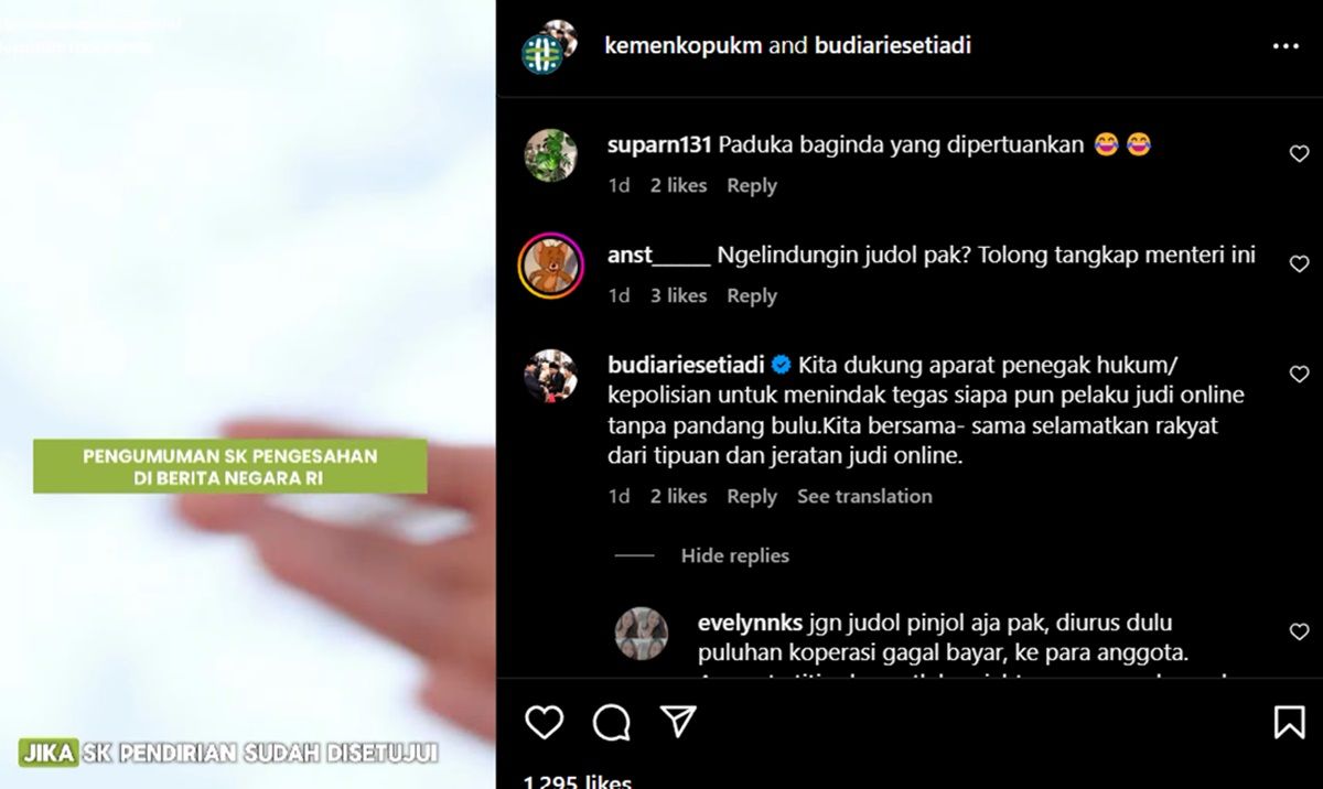 Tangkapan layar komentar Budi Arie soal judol.