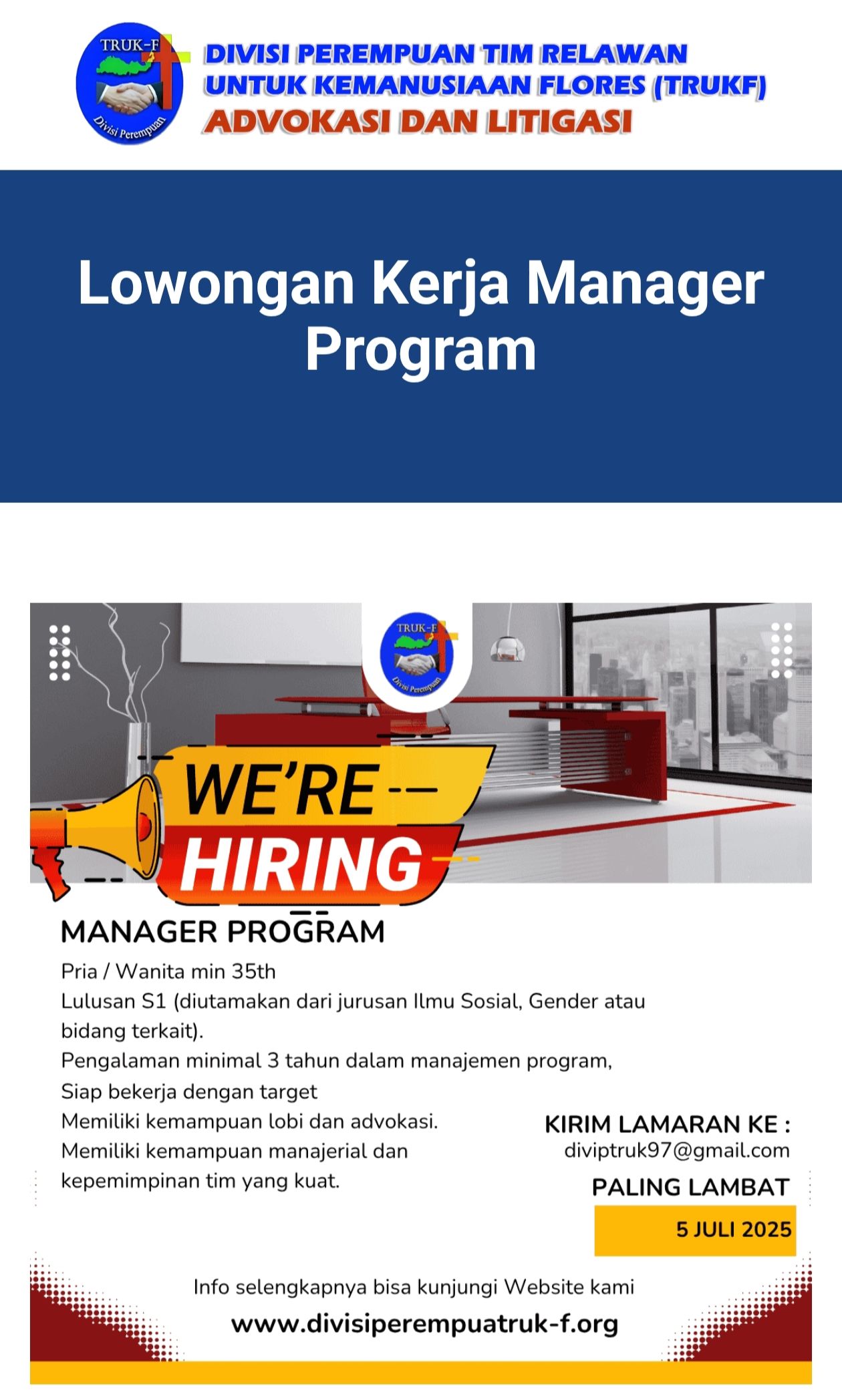 Informasi lowongan kerja TRUK F Maumere untuk posisi Manager Program.//