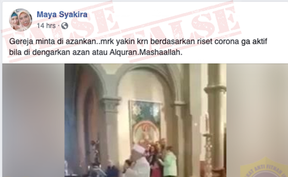 Tangkapan layar postingan hoaks video gereja minta dikumandangkan azan saat virus corona