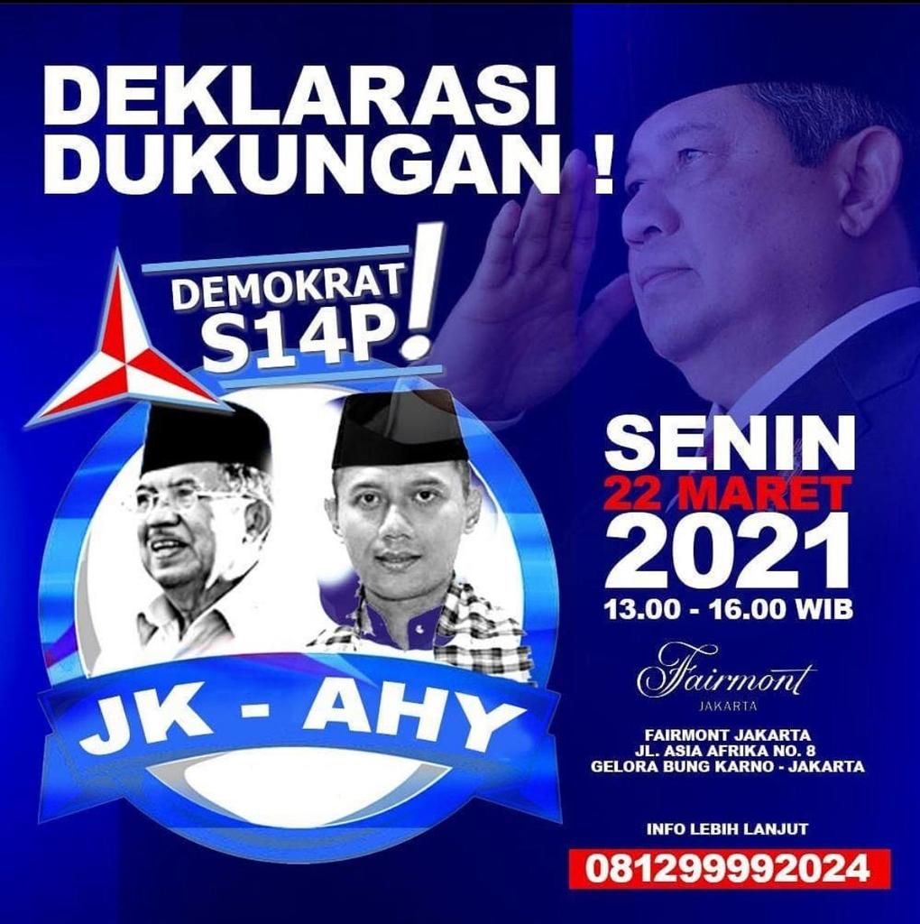 Poster yang beredar di media sosial dan dikabarkan hoaks oleh Andi Arief, yang menunjukkan JK-AHY maju dalam Pilpres 2024 mendatang.