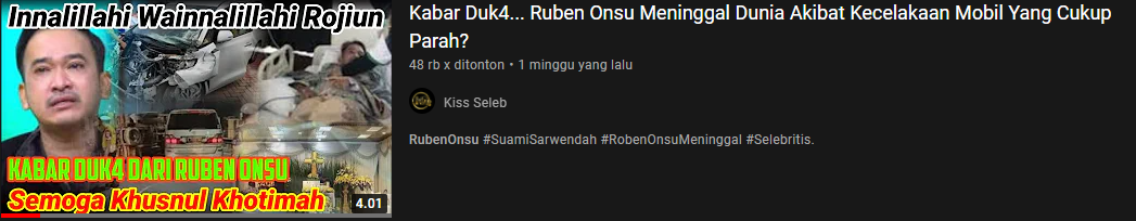 kabar yang menyebut Ruben Onsu telah meninggal dunia akibat mengalami kecelakaan mobil yang cukup parah/Tangkapan layar/Youtube/Kiss Seleb