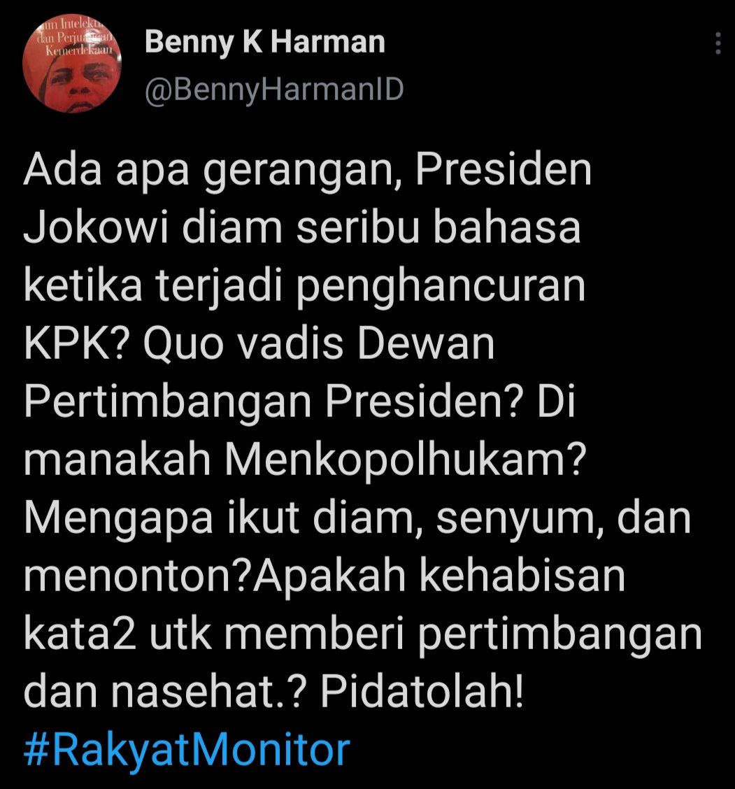 Cuitan Benny Harman yang pertanyakan diamnya Jokowi soal polemik di tubuh KPK.
