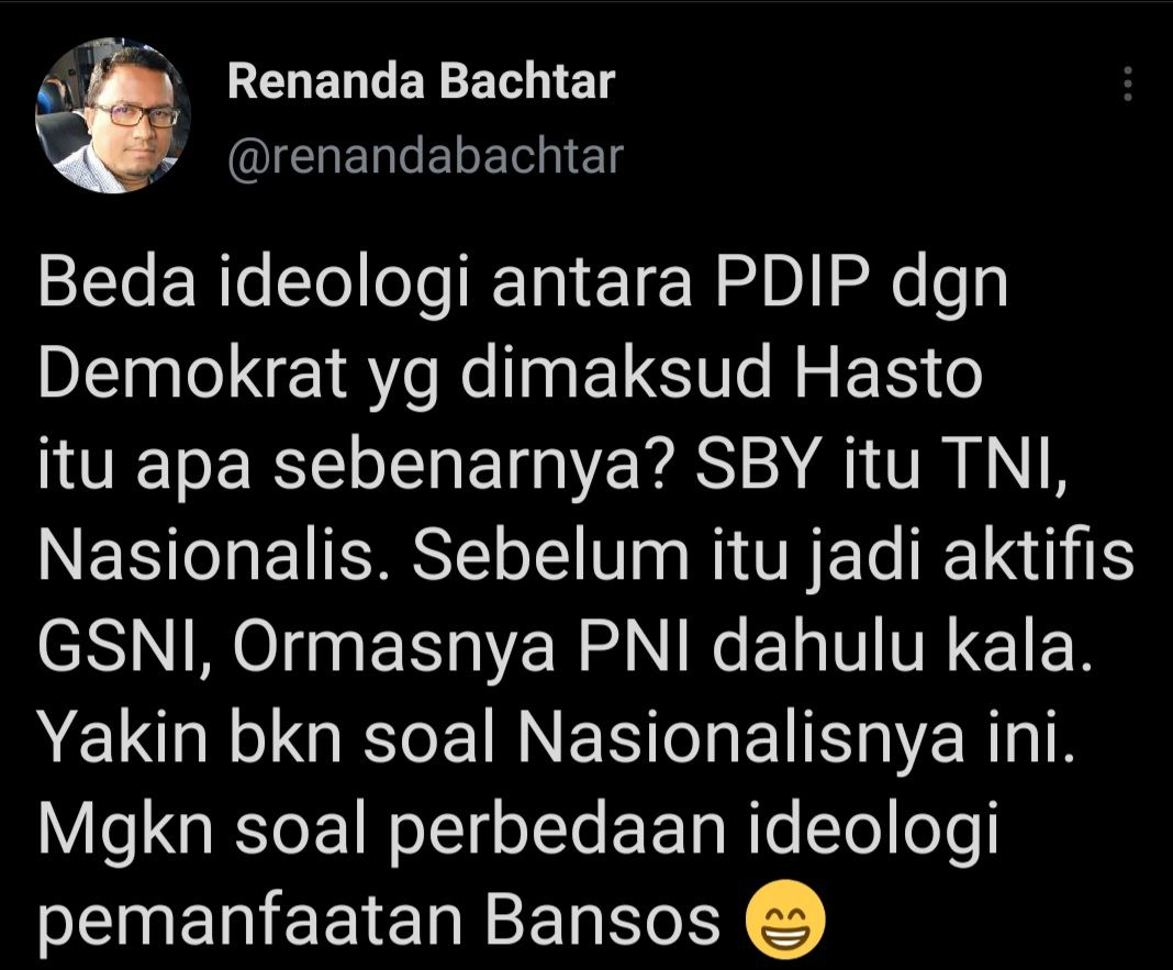 Cuitan Renanda Bachtiar yang pertanyakan maksud Hasto Kristiyanto dari peredaan ideologi antara PDIP dan Demokrat.