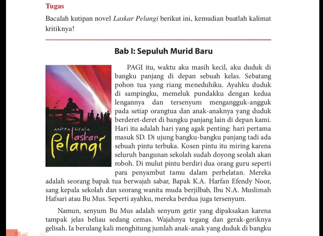 Menulis kalimat esai novel laskar pelangi, kunci jawaban Bahasa Indonesia kelas 12 halaman 205.*