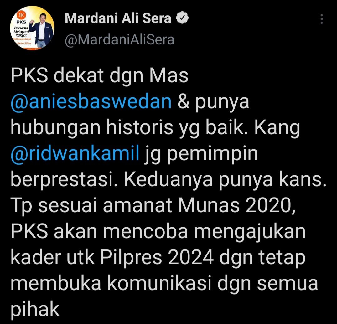 Cuitan Mardani Ali yang bicarakan bahwa PKS punya kedekatan dengan Ridwan Kamil dan Anies Baswedan.