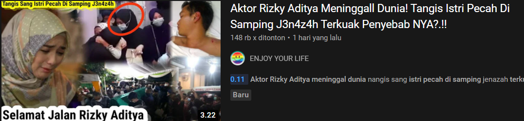 Unggahan video yang mengklaim Rezky Aditya meninggal dunia.