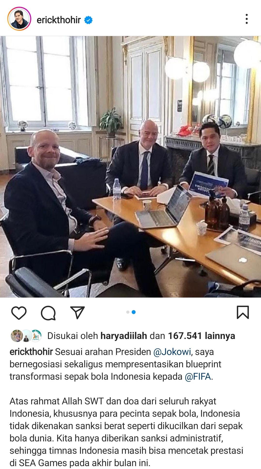 Tangkapan layar postingan Erick Thohir di akun Instagramnya ketika bertemu dengan FIFA