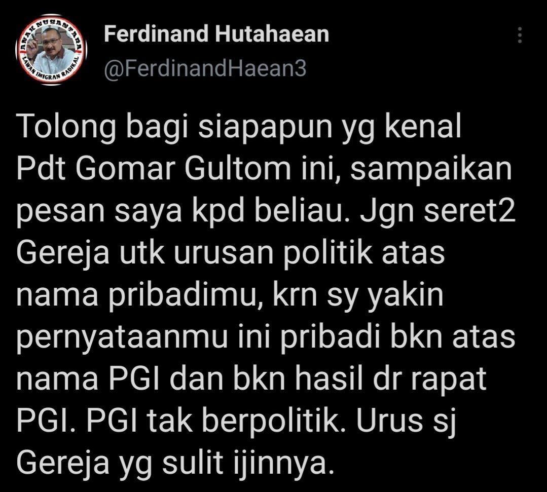 Cuitan Ferdinand Hutahaean merespons sikap PGI yang akan surati Jokowi soal 75 pegawai KPK yang tak lolos TWK dicap radikal.