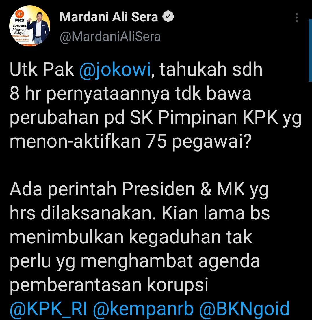 Cuitan Mardani Ali yang ingatkan Presiden Jokowi soal 75 pegawai KPK yang tak lolos TWK.