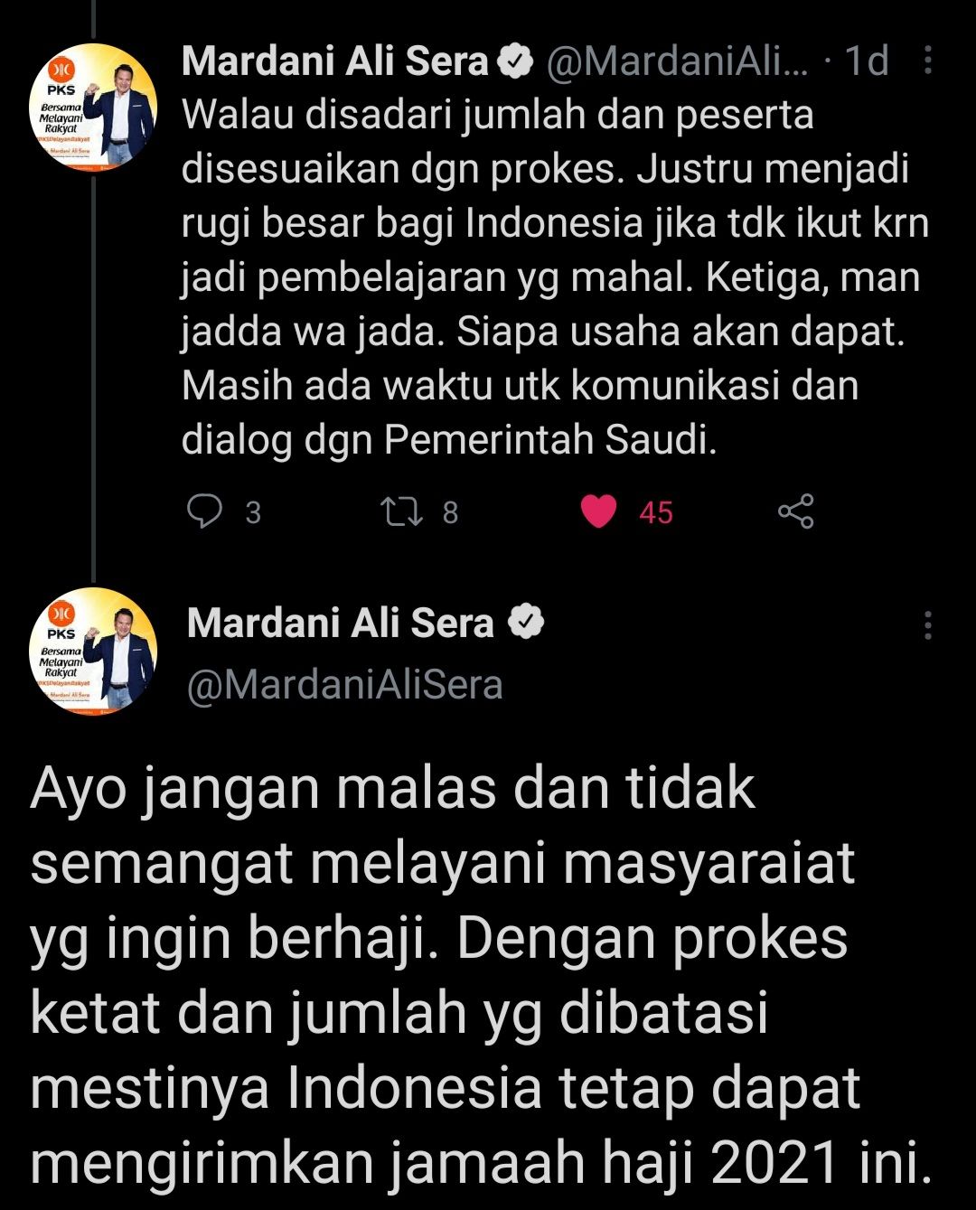Cuitan Mardani Ali Sera soal ibadah haji 2021.