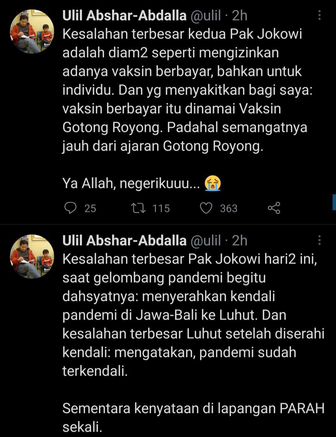 Ulil Abshar memaparkan kesalahan besar Presiden Jokowi dan Menko Marvest, Luhut B Pandjaitan soal pandemi Covid-19.
