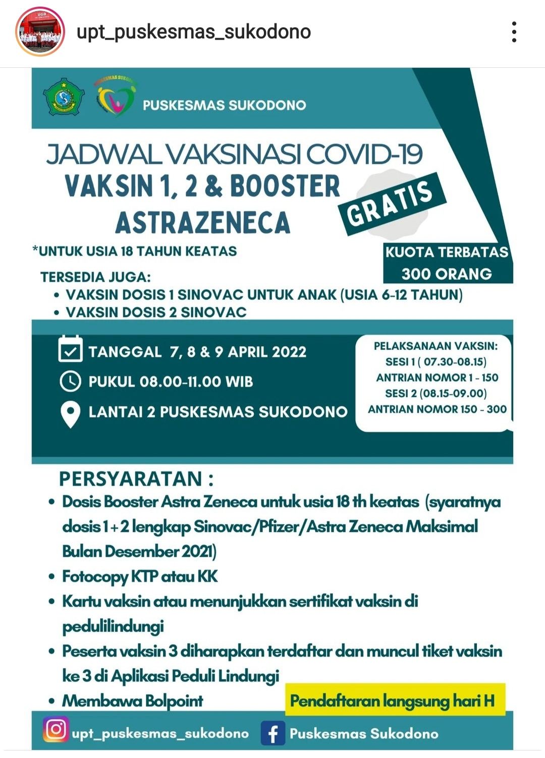 Vaksin Booster, AstraZeneca, dan Vaksin Anak Sinovac, dilaksanakan di Sidoarjo 7-9 April 2022, Berikut Jadwal Ketentuannya