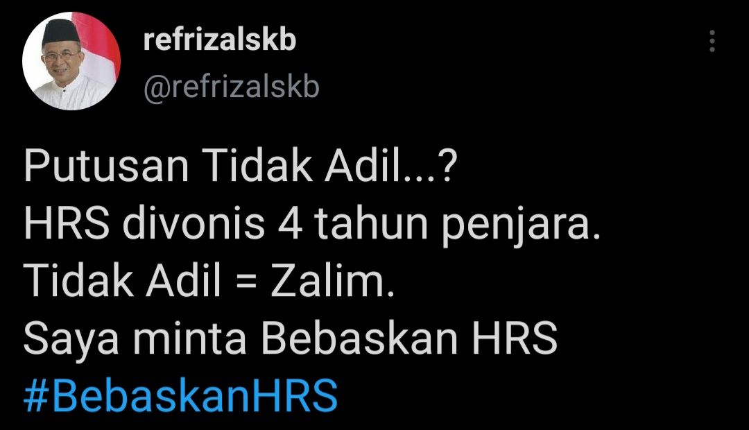 Refrizal menilai vonis hukuman yang diberlakukan kepada Habib Rizieq atas kasus tes usap di RS Ummi Bogor tidak adil.