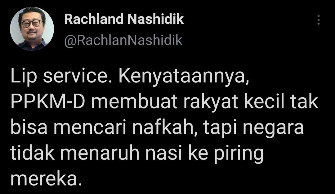 Cuitan politisi Demokrat, Rachland Nashidik yang menyentil Presiden Jokowi soal PPKM Darurat.