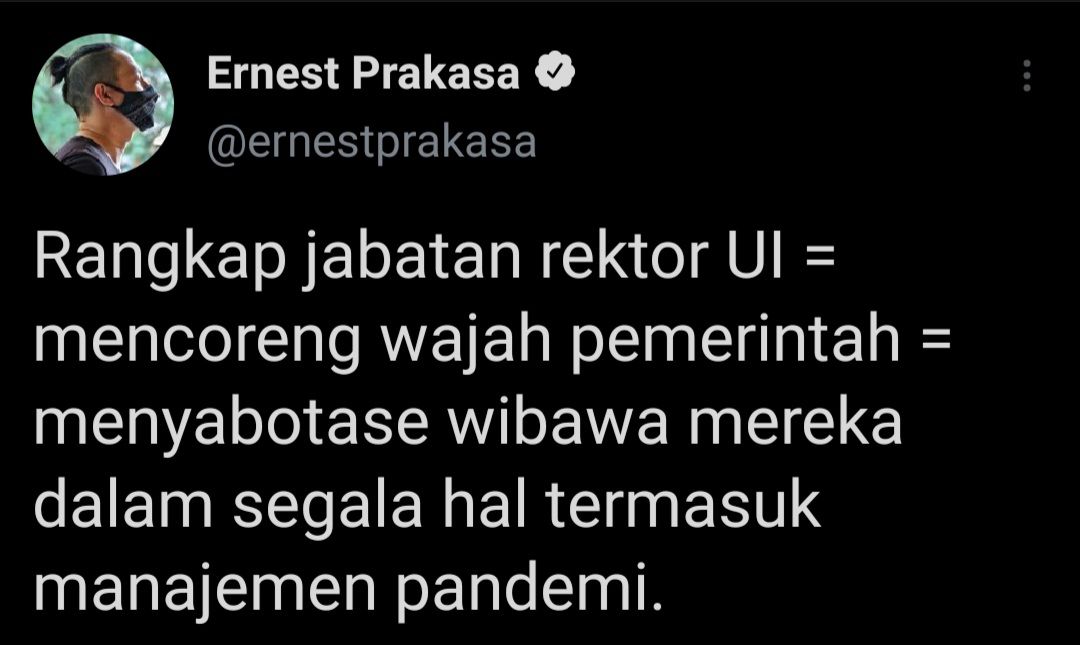 Komika, Ernest Prakasa turut menyoroti Rektor UI Ari Kuncoro kini diizinkan rangkap jabatan oleh Presiden Jokowi.