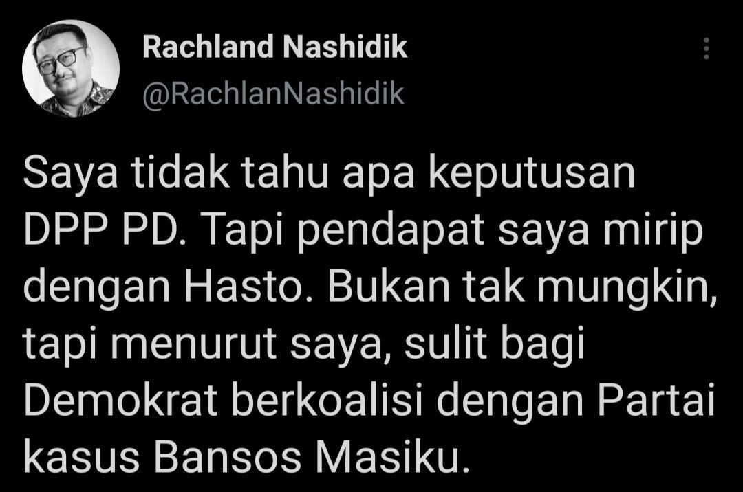 Cuitan politisi Partai Demokrat Rachland Nashidik merespons pernyataan Sekjen PDIP Hasto Kristiyanto.