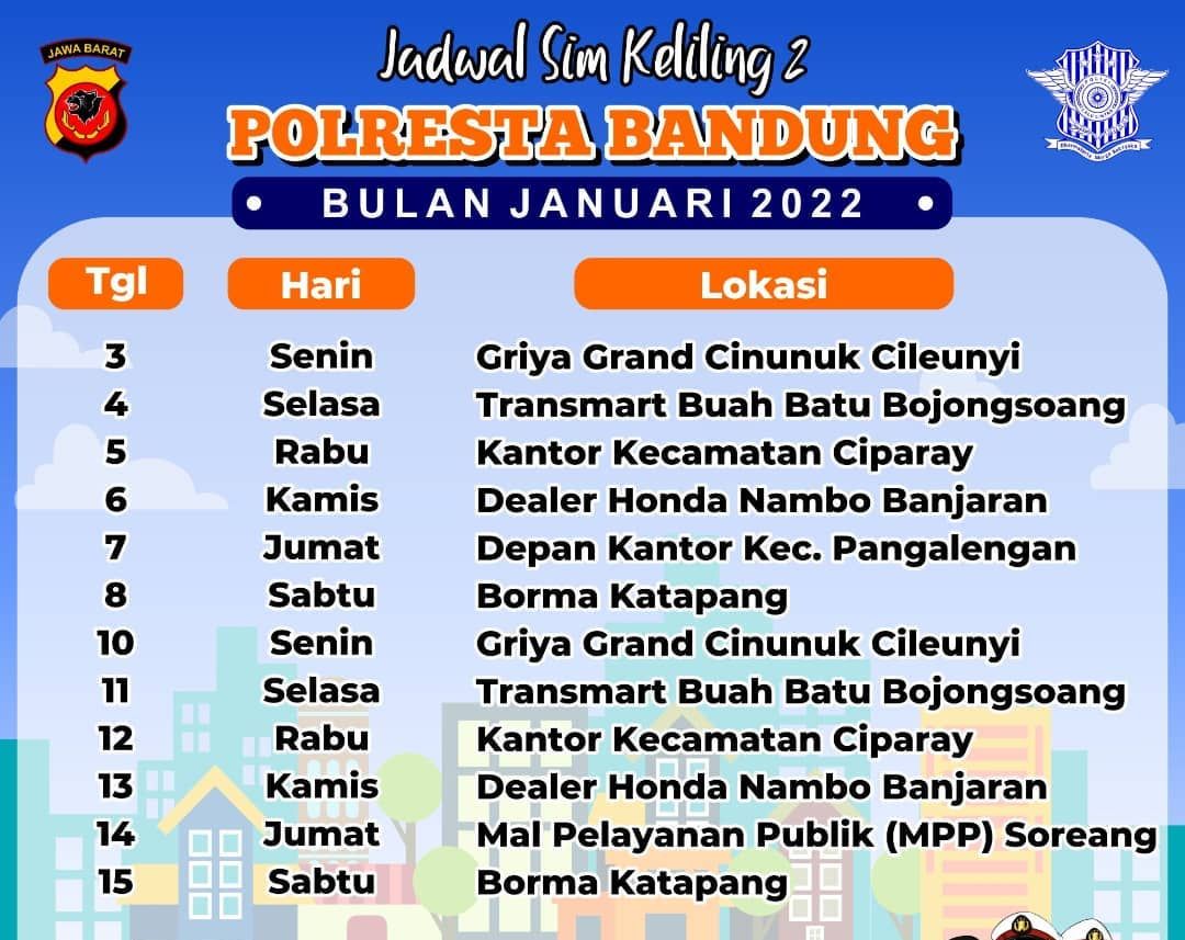 Jadwal Lengkap SIM Keliling Kabupaten Bandung Januari 2022, Beserta Persyaratannya. /tmcpolrestabandung