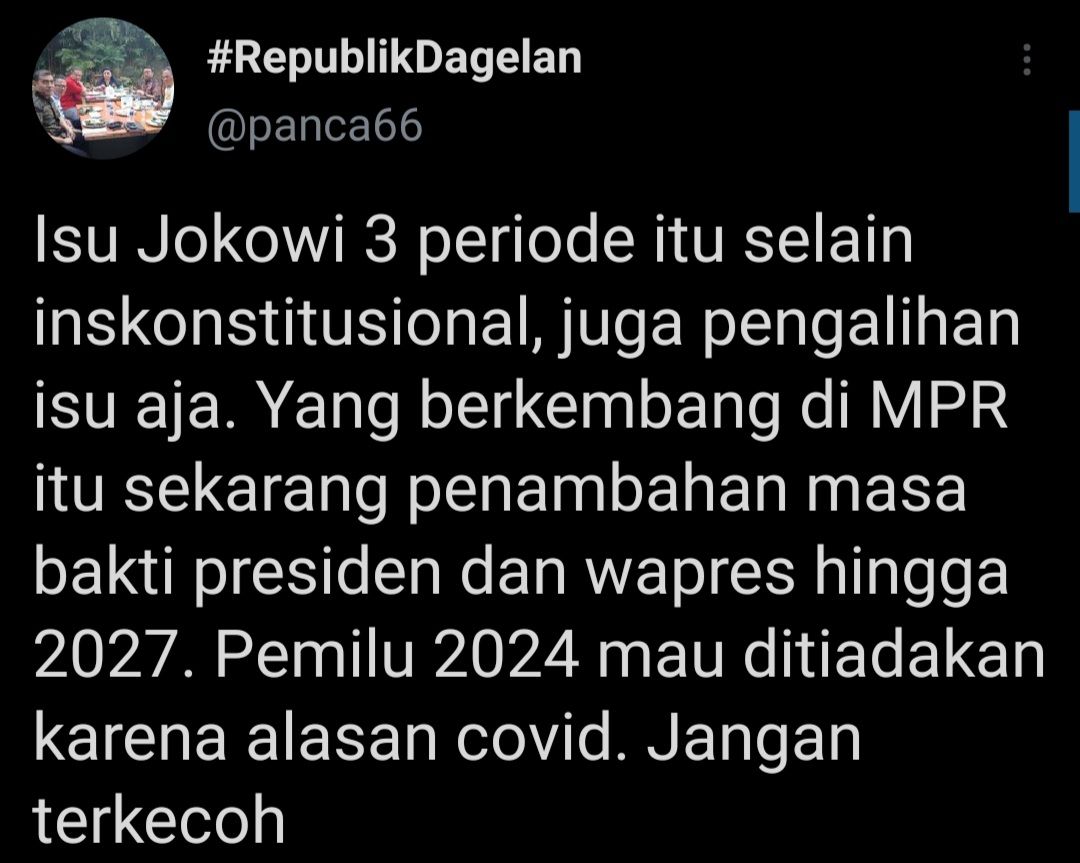 Cuitan politisi Demokrat, Cipta Panca yang tanggapi wacana jabatan Presiden Jokowi tiga periode yang kembali mencuat.