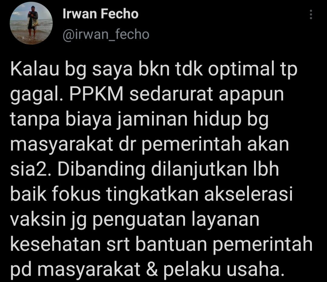 Cuitan Irwan Fecho merespons permintaan maaf Luhut Pandjaitan atas penanganan PPKM Darurat.