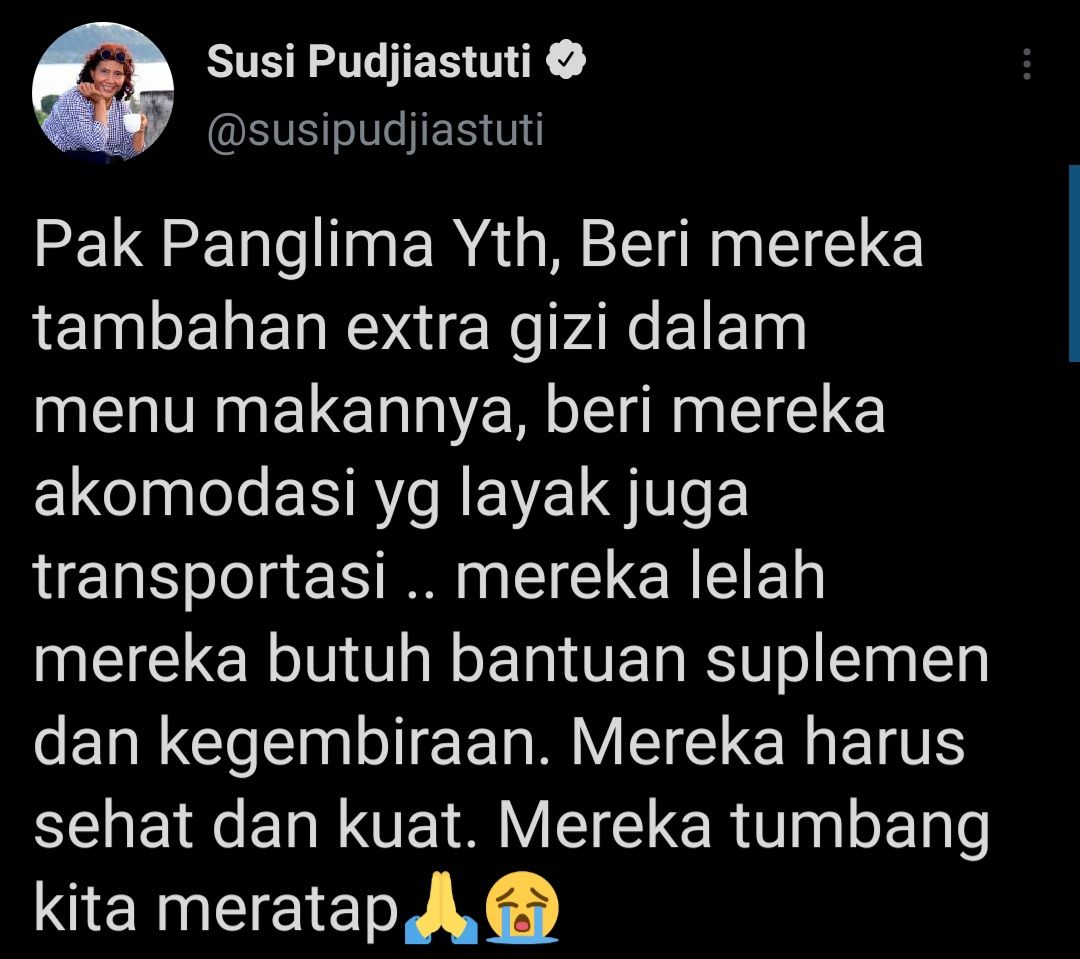 Susi Pudjiastuti meminta Panglima TNI untuk lebih perhatikan nakes seperti beri makanan bergizi hingga akomodasi.