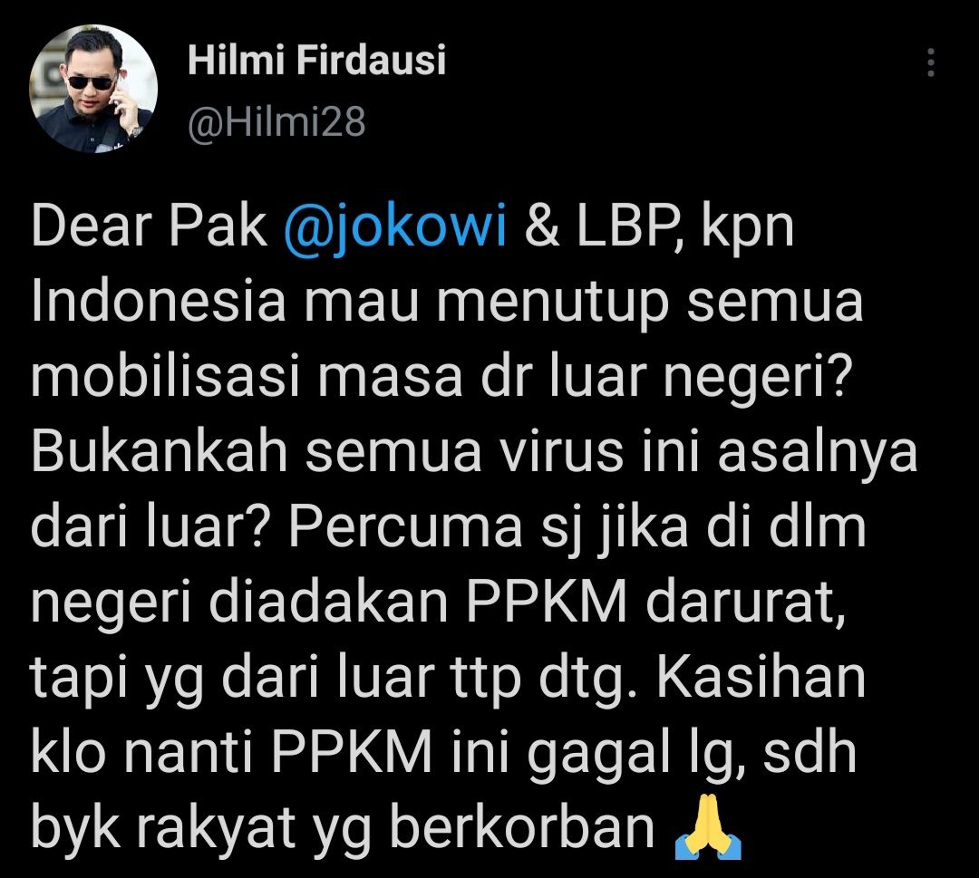 Hilmi Firdausi pertanyakan Presiden Jokowi dan Luhut kapan mau tutup mobilisasi pendatang luar negeri ke Indonesia.