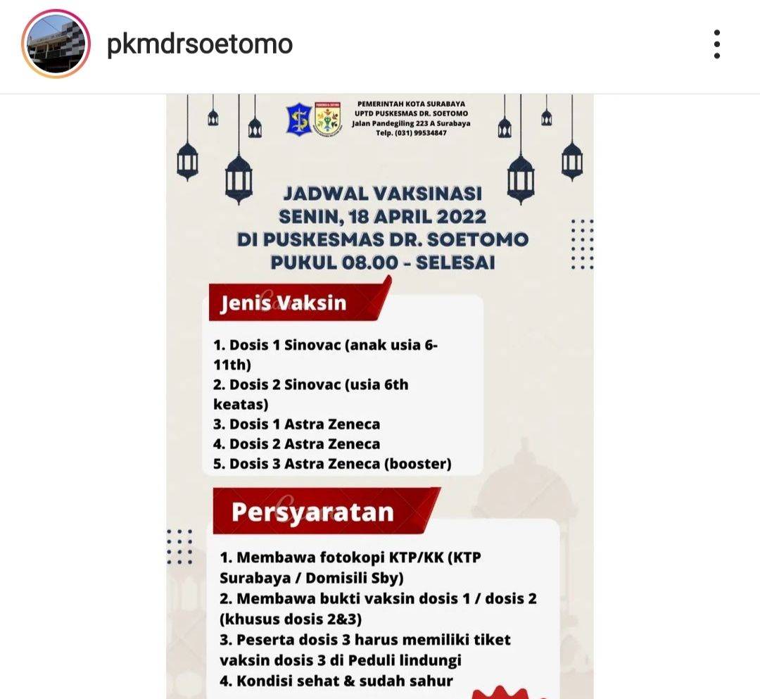 Jadwal Vaksin Anak dan Vaksin Booster Astrazeneca di Puskesmas Dr Soetomo, Surabaya, Senin 18 April 2022, Daftar Langsung ke Lokasi
