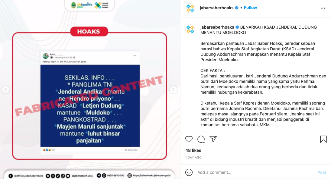 Hoaks KSAD Jenderal Dudung Abdurachman menantu Moeldoko./Instagram Jabar Saber Hoaks