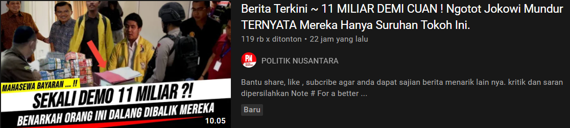Unggahan video klaim hoax/YouTube Politik Nusantara