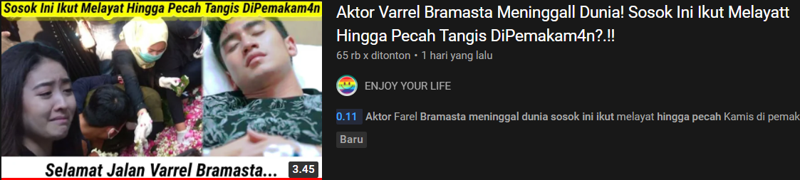 Tangkapan layar video yang mengklaim Varrel Bramasta meninggal dunia.