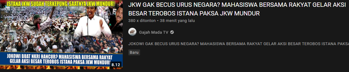 Thumbnail unggahan video hoax/YouTube/Gajah Mada TV