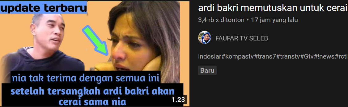 Unggahan video yang mengklaim Ardi Bakrie menceraikan Nia Ramadhani.