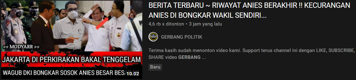 Thumbnail video klaim hoax/YouTube/Gerbang Politik