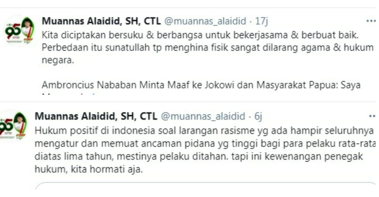 Cuitan Muannas Alaidid pada akun Twitter pribadinya.*
